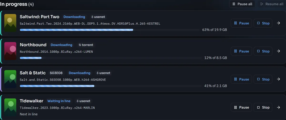 Downloads in progress: two downloading with Pause and Stop, one importing, two waiting in line marked Next in line and 2nd in line