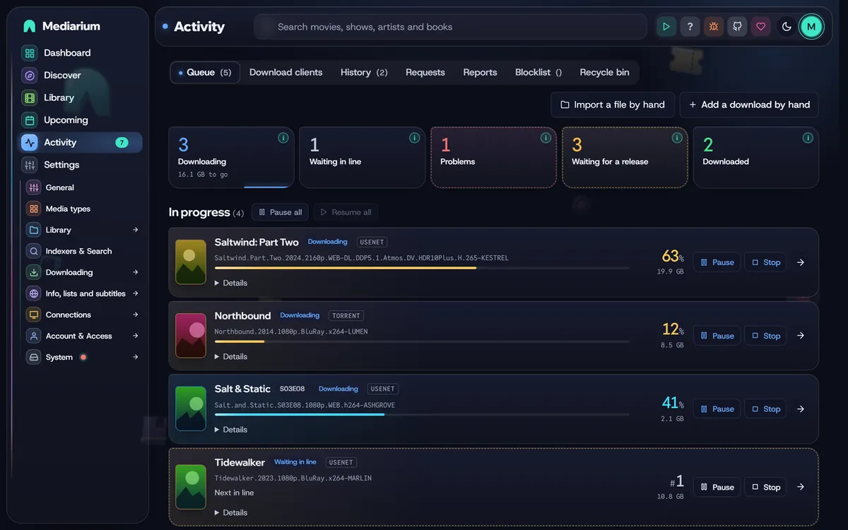 The Activity page, Queue tab: two downloads running, one importing, four waiting in line, one paused, and a failed download below them