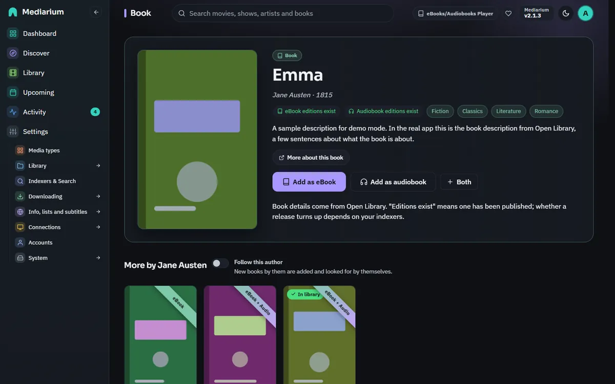 A book's info page from Discover: the description, subjects, which formats exist and an Add button
