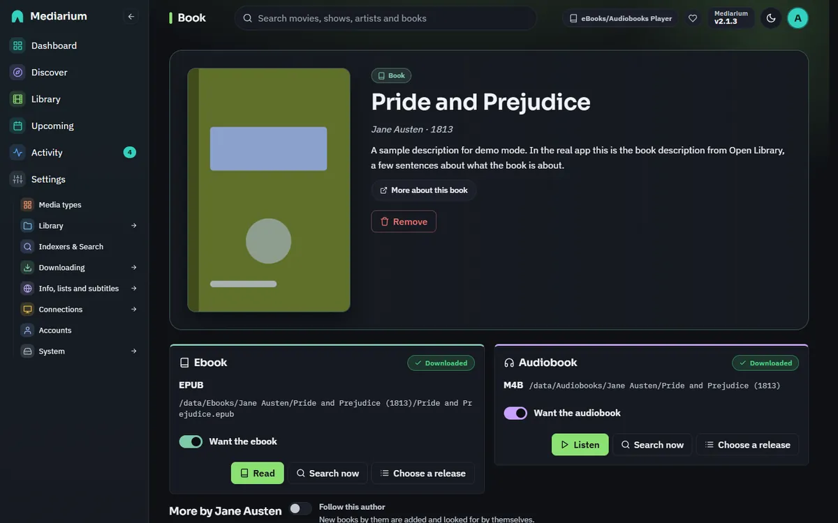 A book page: the cover, the ebook and audiobook rows with their status and file, and the buttons to search, read or listen