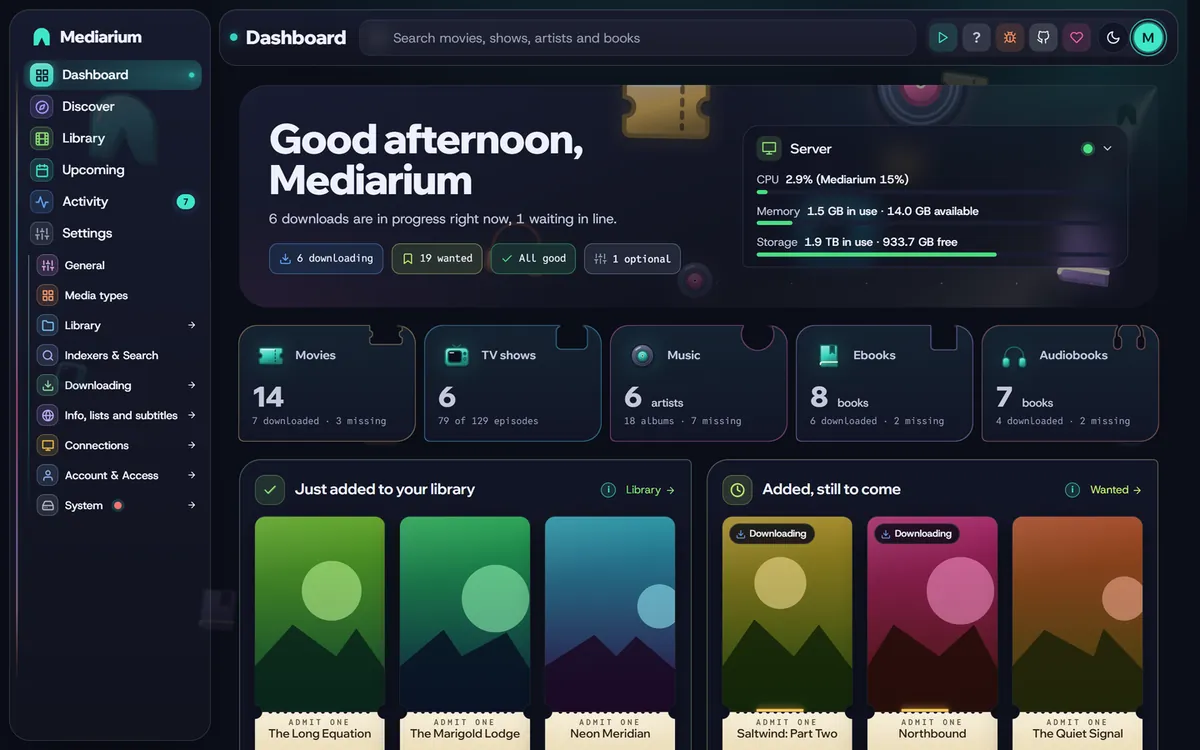 The Mediarium dashboard: greeting, what needs attention, a card for each kind of media, and the Server card