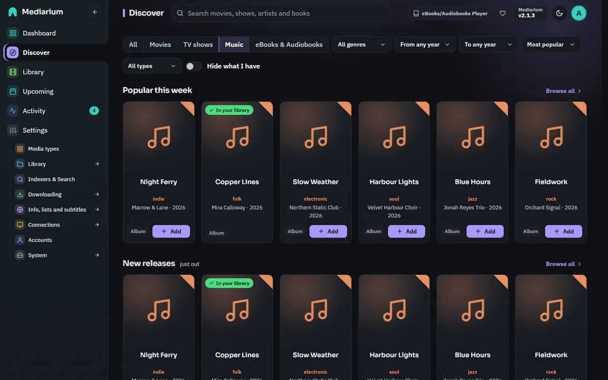 Discover on the Music tab with the same filters as Movies and TV shows and a Popular this week rail of albums