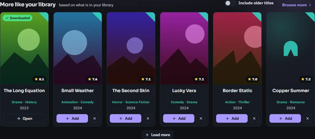 The More movies like your library row: six movie cards with an Add button each, the Include older titles switch and Browse more