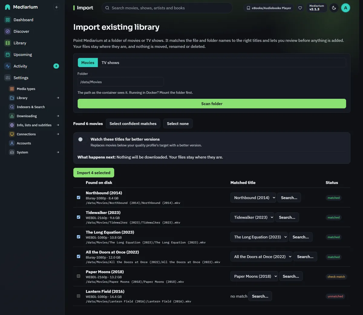 The import review: the folder box, the two-line summary of what will happen, and a table of what was found on disk with the match for each