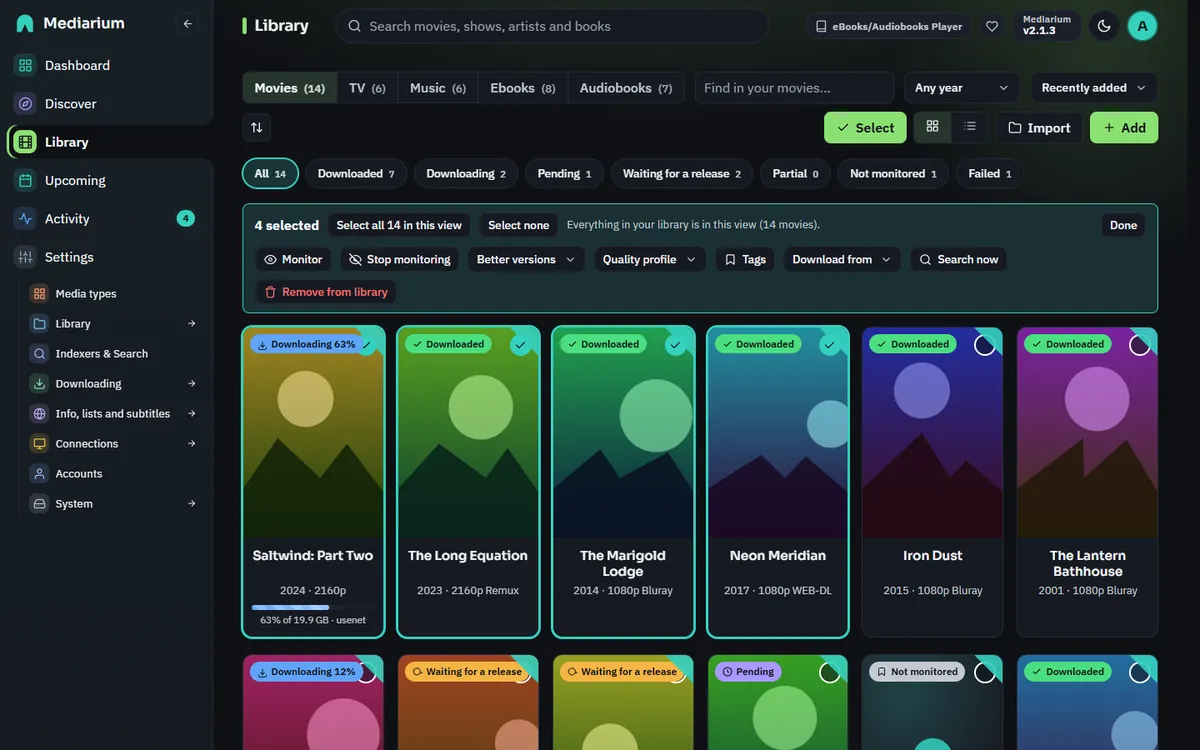 The Library in select mode with five movies ticked and the bar showing 5 selected, Monitor, Stop monitoring, Better versions, Quality profile, Download from, Search now and Remove from library
