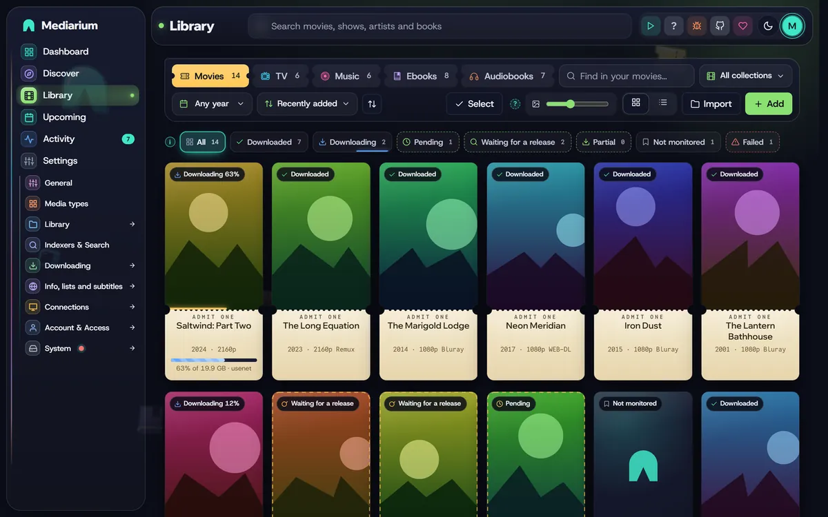 The Library page on the Movies tab, with Movies, TV, Music, Ebooks and Audiobooks tabs and a status badge on each poster