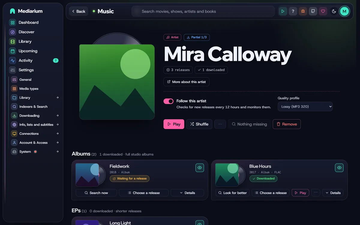 An artist page with the cover, a follow switch, a quality profile picker and the albums as cards