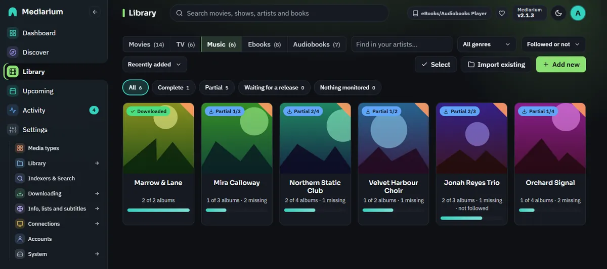 The Music tab of the Library with five artists as cards showing how many albums are downloaded