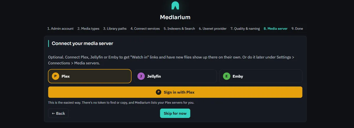 Setup step 7, Media server: Plex, Jellyfin and Emby with a Sign in with Plex button