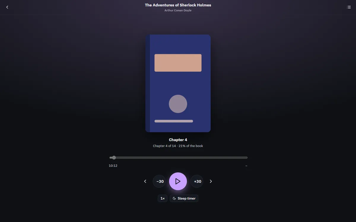 The audiobook player: the cover, the chapter you are on, play, 30-second skips, speed and the sleep timer