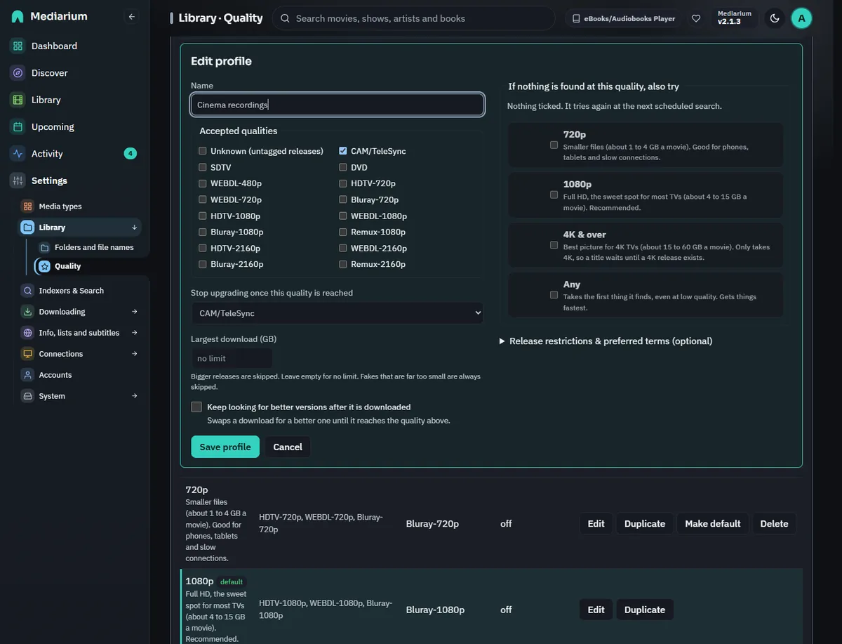 Editing a profile: name, accepted qualities, where to stop upgrading, better versions switch and fallback profiles