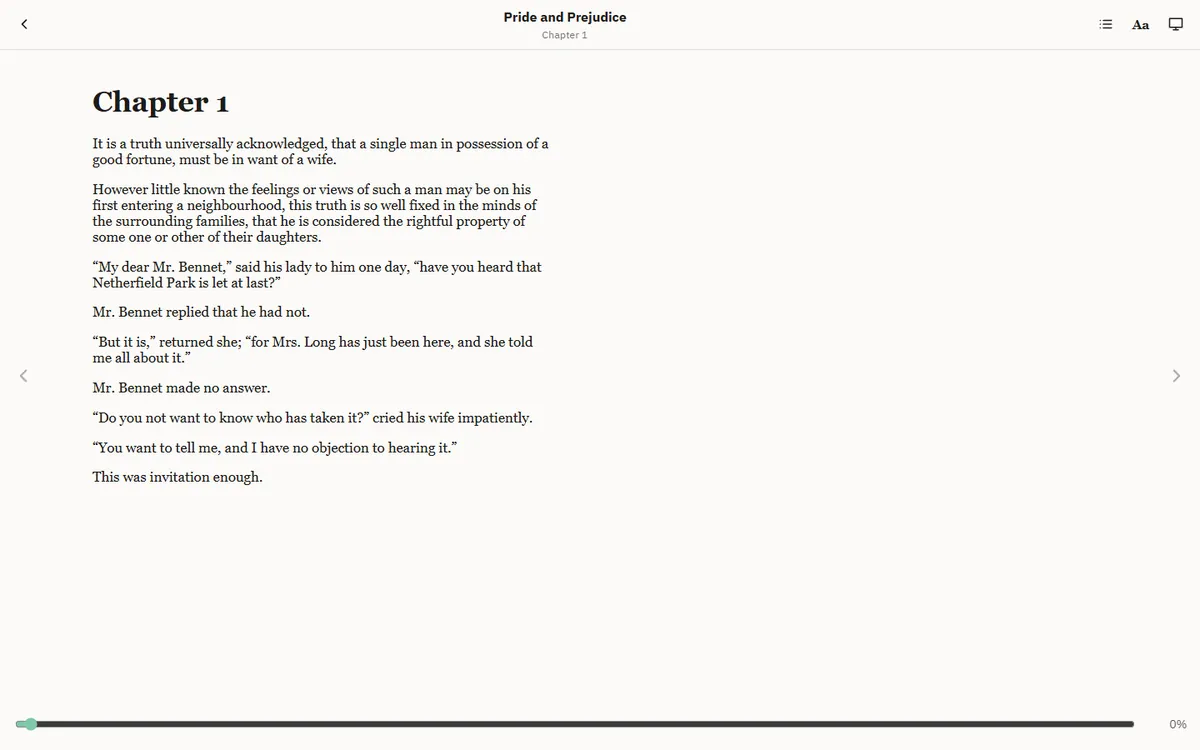 The reader showing a page of an EPUB, with the contents, text size and page colour buttons at the top