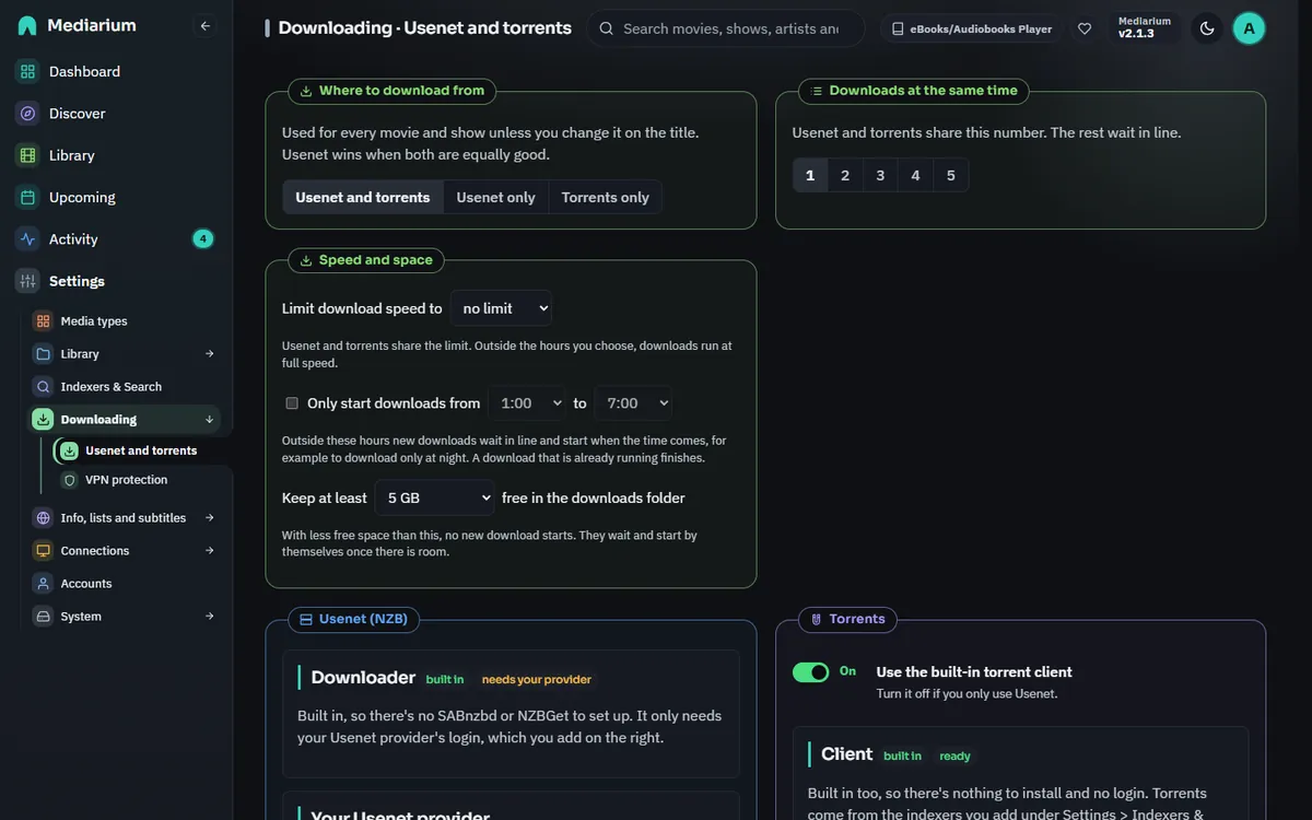 The Downloading settings: where to download from, the built-in Usenet downloader and the built-in torrent client