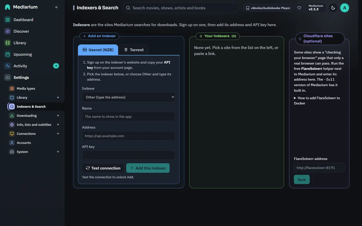 The Indexers page: the Add an indexer form on the left, the indexers you added in the middle and the Cloudflare sites helper card on the right