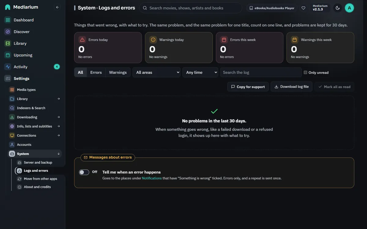 The Logs and errors page: counts of errors and warnings, filters, and a list of problems with the top one opened to show what happened, what to try and the technical detail