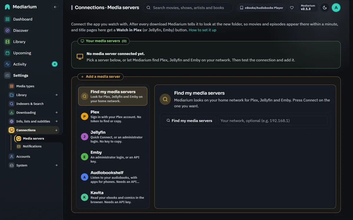The Media servers page with a Plex and a Jellyfin server added and the Add a media server panel below