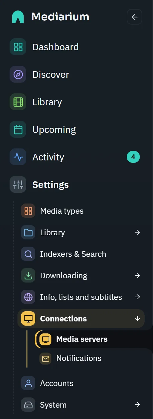 The sidebar with Settings open and the Connections group expanded to Media servers and Notifications