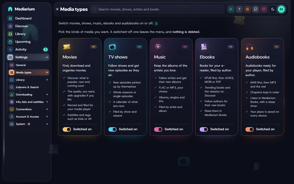 The Media types page: cards for Movies, TV shows, Music, Ebooks and Audiobooks, all switched on