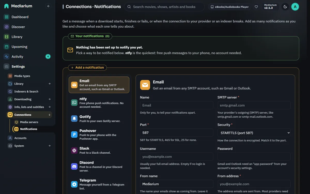 The Notifications page with three notifications set up (ntfy, Discord and email) and the list of methods to add