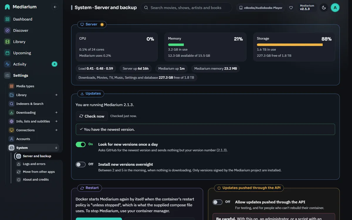 The Server page with the Server card, the Restart card and the Clean up card