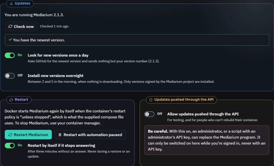 The Updates, Restart and Updates pushed through the API boxes on Settings > General and Settings > System > Server