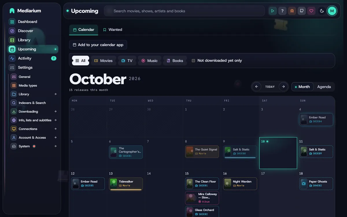 Upcoming, Calendar tab: a month with episodes and movies on their release days