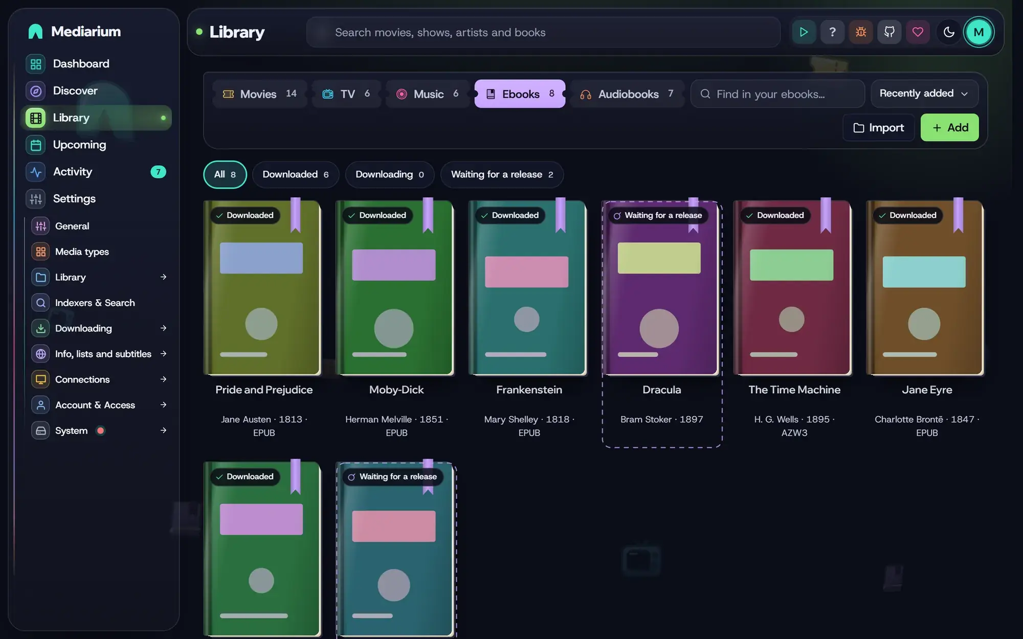 The ebook library: book covers with a status on each.