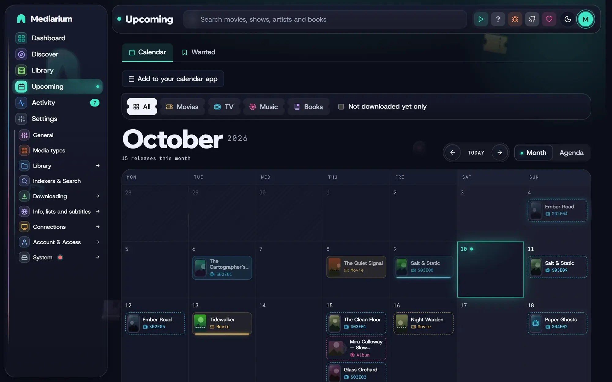 The calendar for October with releases on each day.