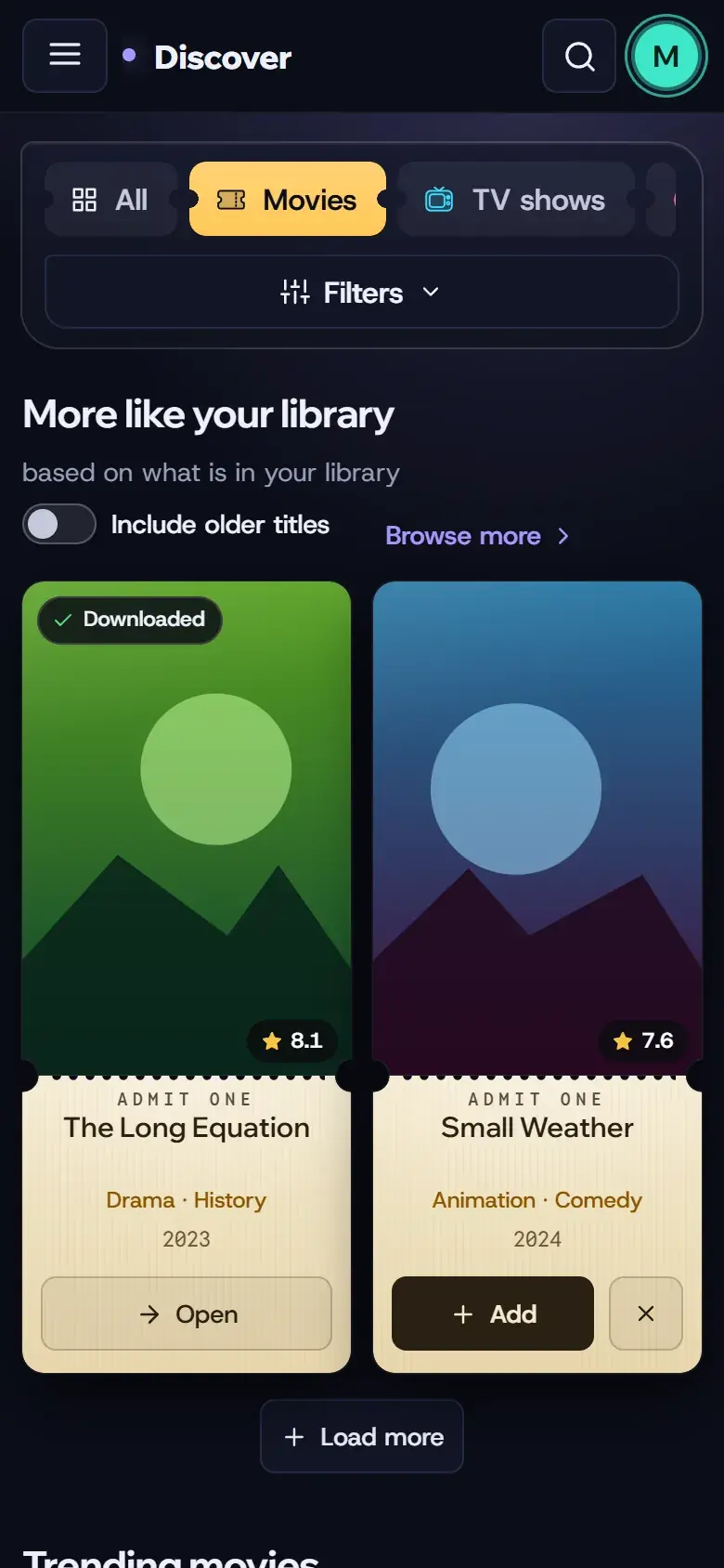 Discover: rows of popular and new movies on a phone